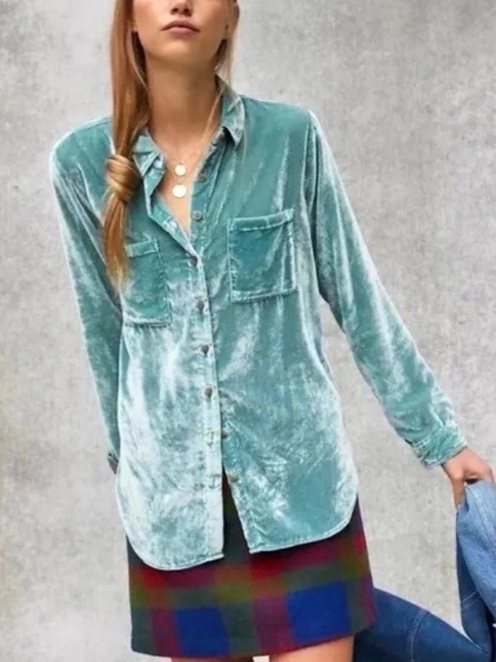Anthropologie Pilcro Velvet Button Up Relaxed Long sleeved Teal Top size 6